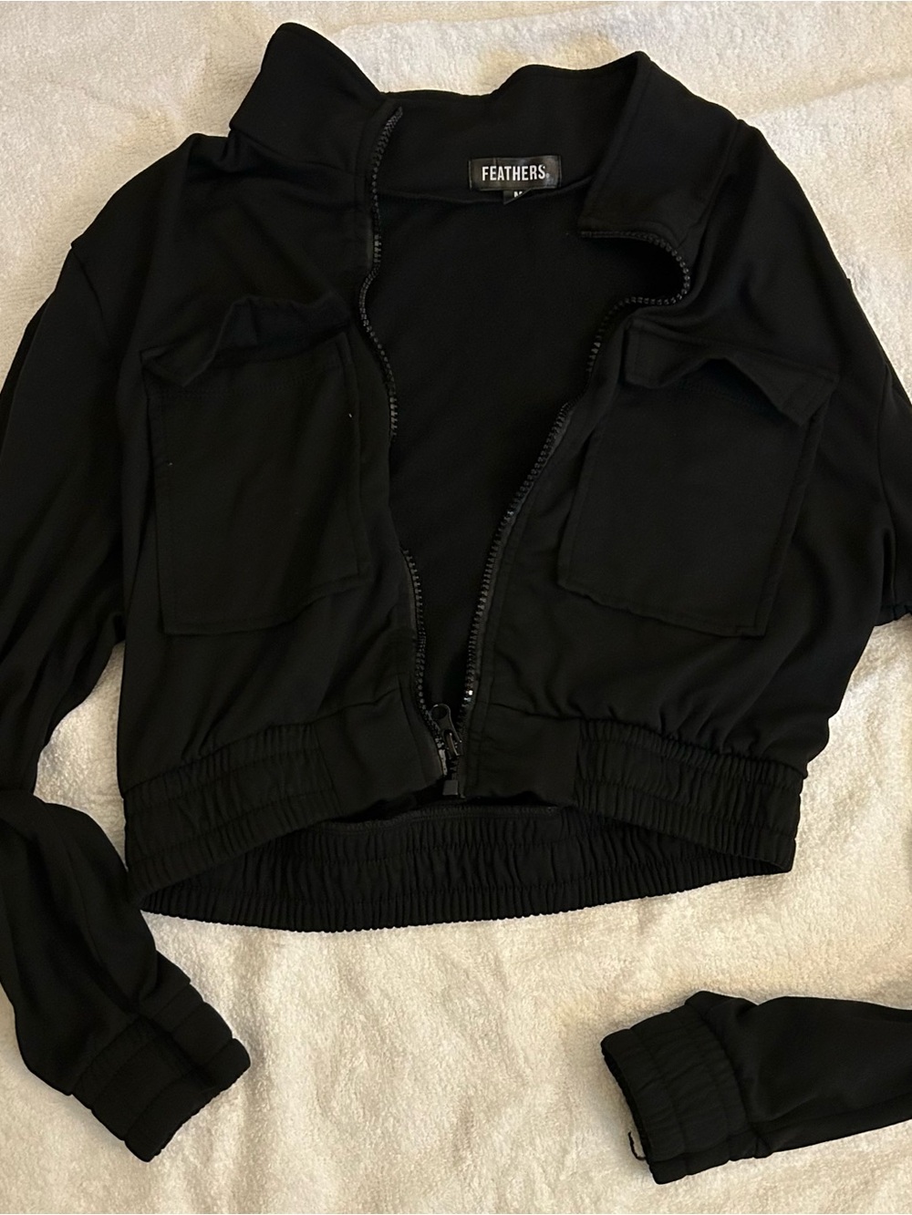 feathers Black Cropped Utility Zip Jacket